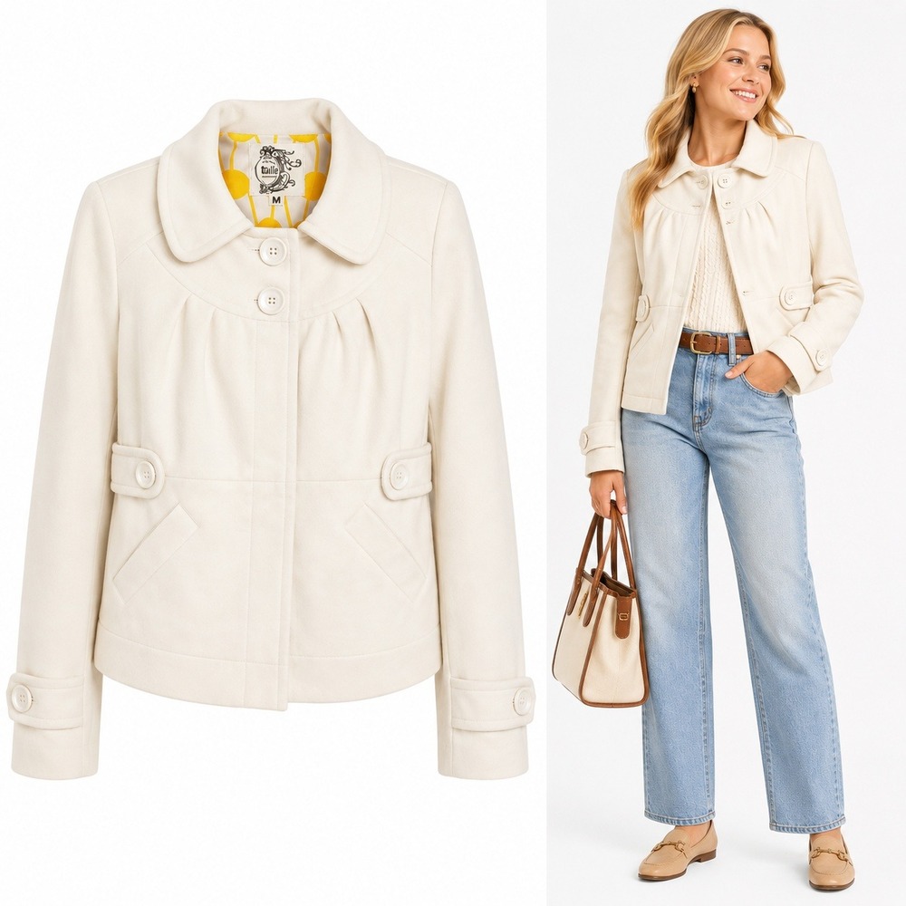 Tulle Pea Coat Womens M White J710INP Button Front Peter Pan Collar Anthro Felt